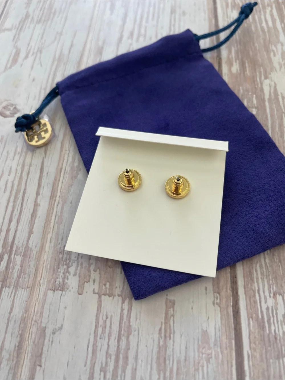 $235 New, Authentic Tory Burch Flower Black Enamel Gold TB Logo Stud Earrings
